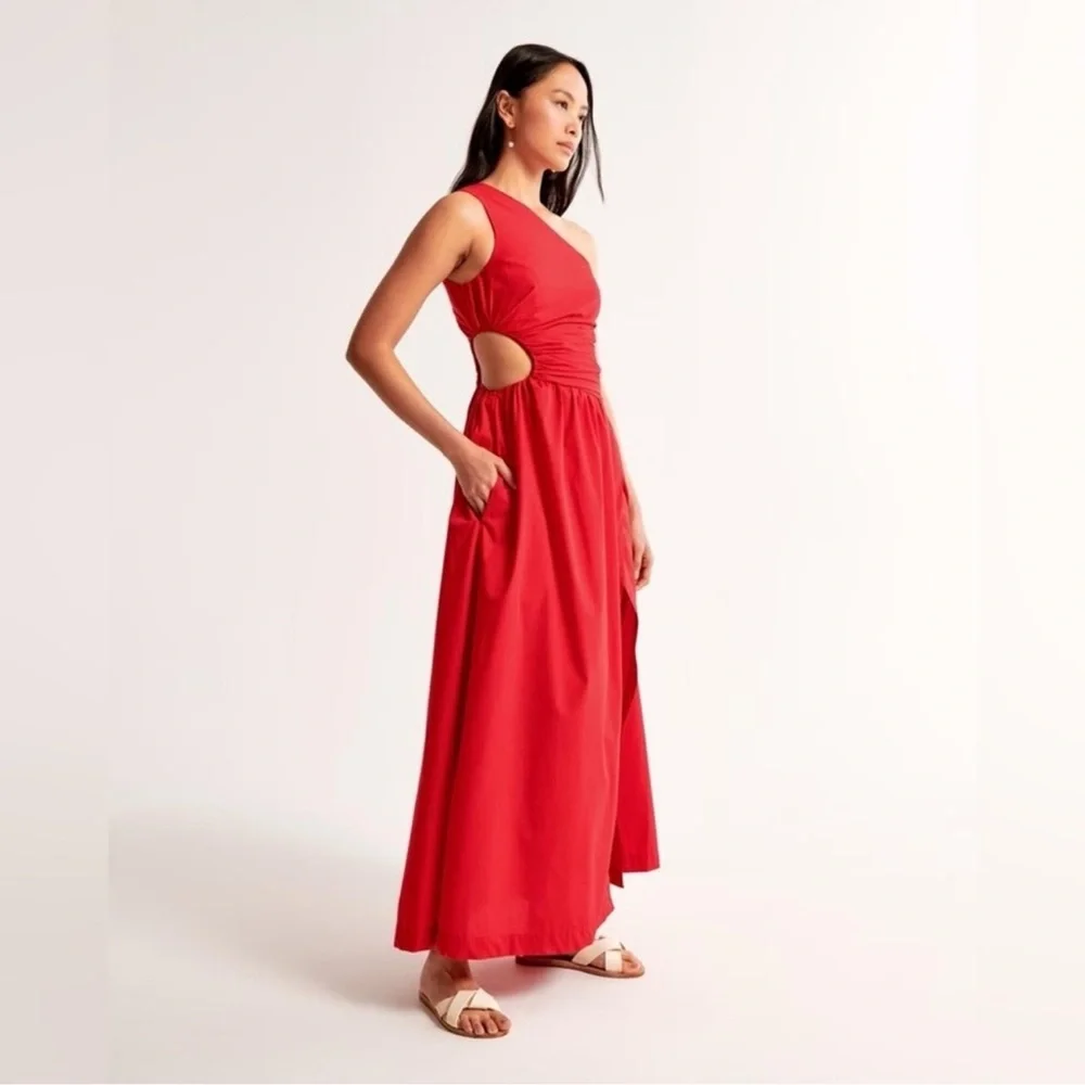Abercrombie & Fitch Red One-Shoulder Maxi Dress